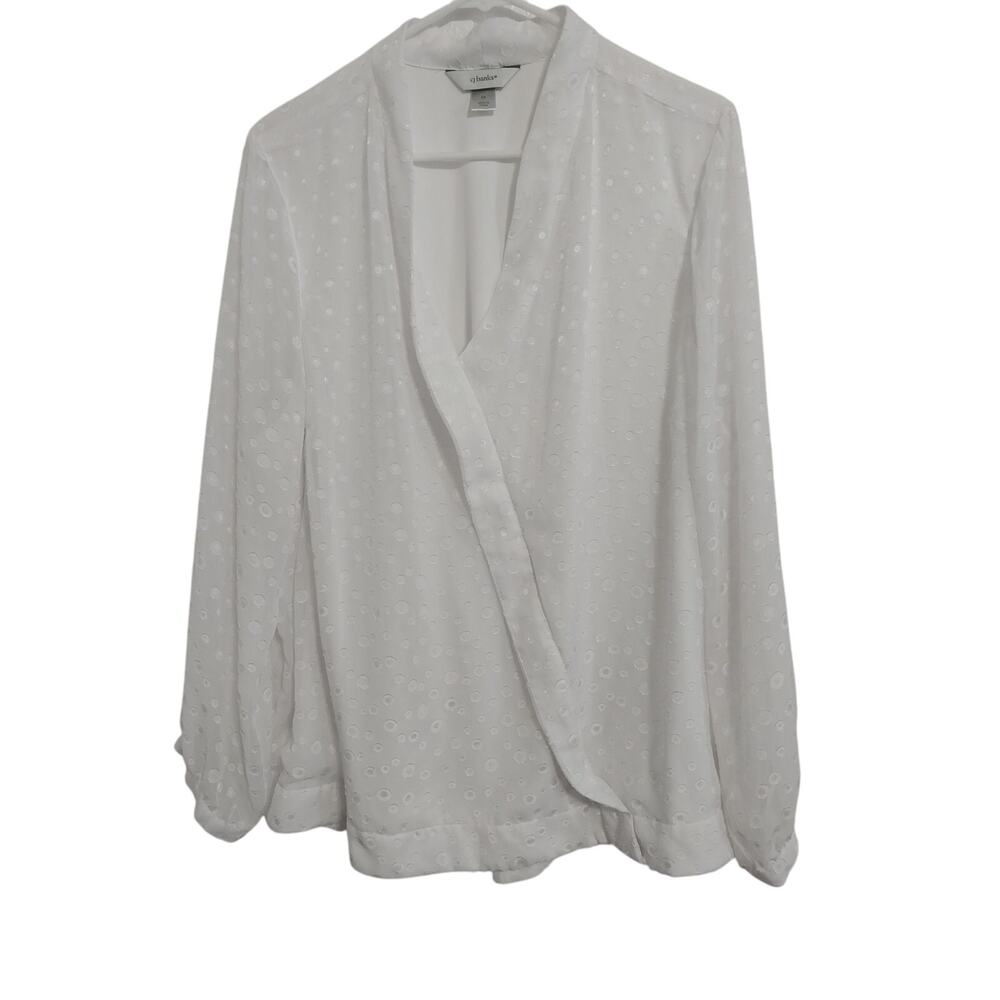 CJ Banks Womens Plus Size 2X White Long Sleeve V-Neck Blouse Polka Dot